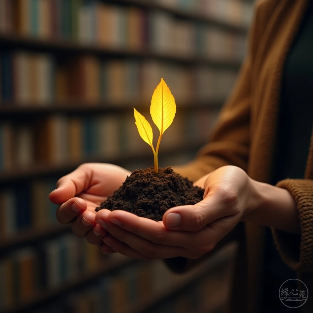 一個人用雙手溫柔地捧著一株發光的小植物，象徵著通過「真實運作」親手培育的、寶貴的自我價值，背景是象徵傳統知識的模糊書架。