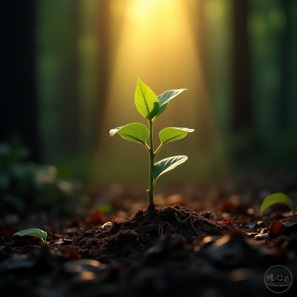 緣心苑「潛能之森」的視覺象徵：在幽暗的森林地表，一株充滿生命力的幼苗破土而出，一束溫暖的陽光正好穿透樹冠，照亮在這株象徵內在潛能的新芽上。
