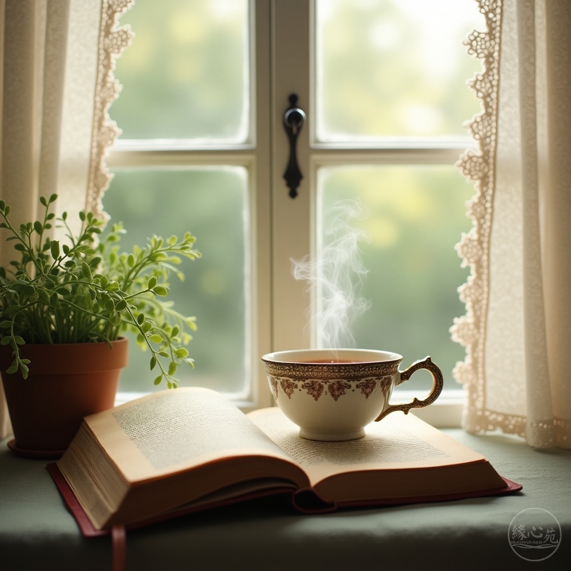 緣心苑「療癒心隅」的分類代表圖：陽光透過蕾絲窗簾柔和地灑落，一杯冒著熱氣的茶放在一本攤開的書上，旁邊有一盆綠色植物，營造出安靜、療癒的氛圍。