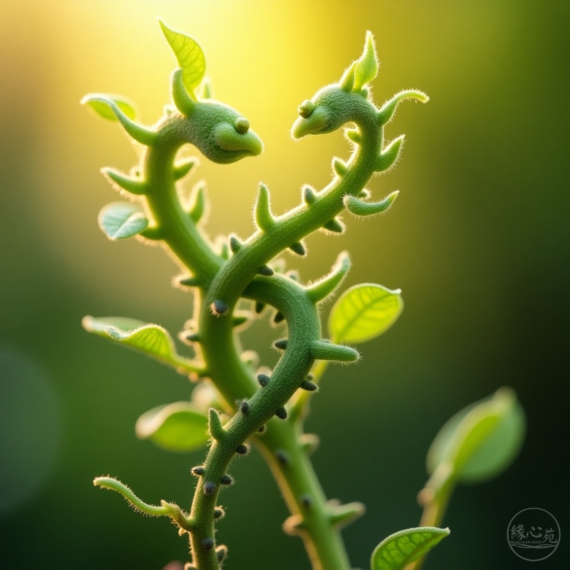 緣心苑「關係花園」的視覺象徵：兩株獨立的植物嫩芽向上生長，它們的葉片在頂端輕柔地交會，共同構成一顆被光芒照亮的愛心，寓意和諧共生的親密關係。