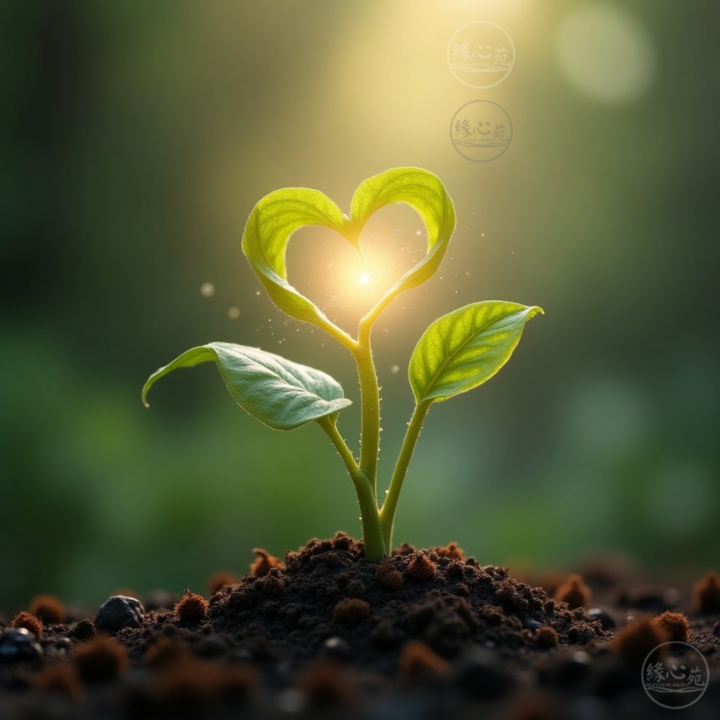 緣心苑的服務理念視覺化：兩片葉子構成的愛心，象徵透過園藝治療與心靈潛意識課程，達成的和諧共生與自我成長。