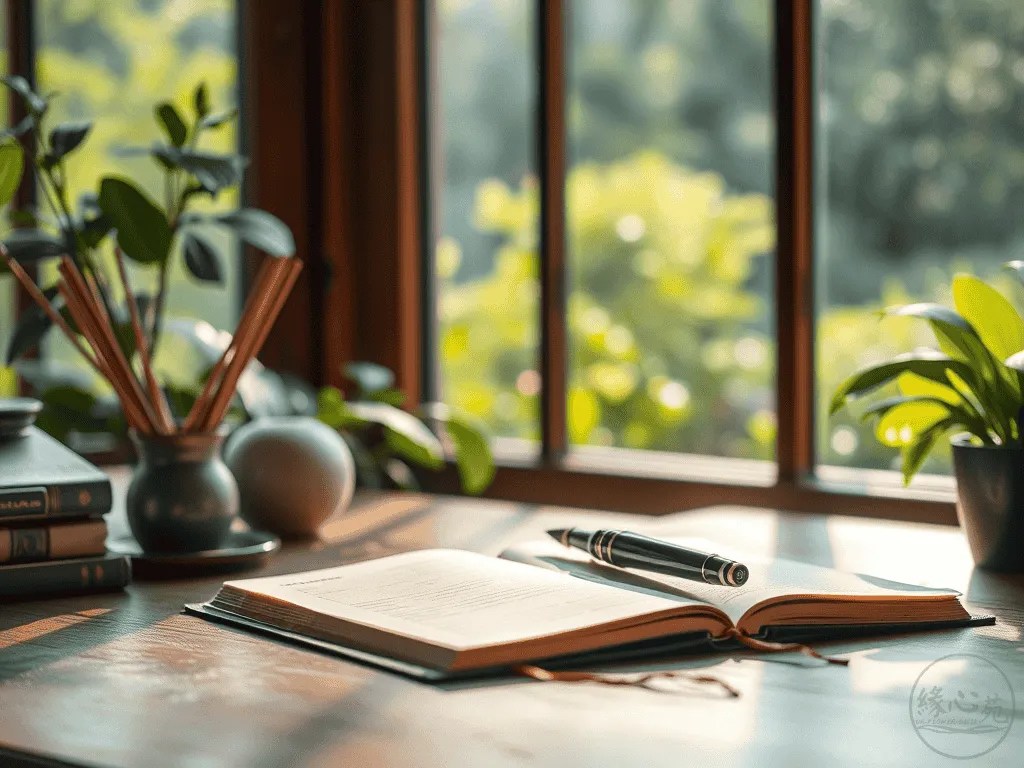 「緣心日誌」的代表圖片，呈現一張寧靜的書桌，桌上攤開的日誌與鋼筆沐浴在窗邊的柔和光線中，窗外是生意盎然的綠意，營造出一個適合深度書寫與心靈反思的療癒空間。